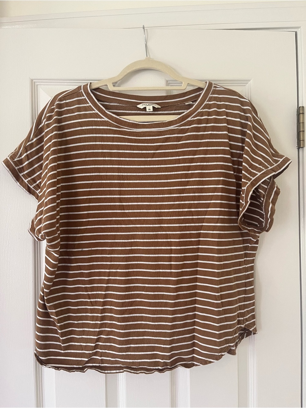 Max Studio Cognac Brown and White Striped Short Sleeve Textured Top, XL, Casual